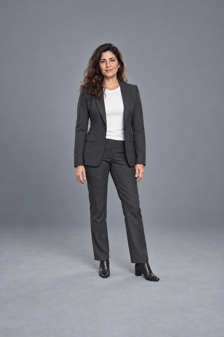 The same portrait against a neutral grey background