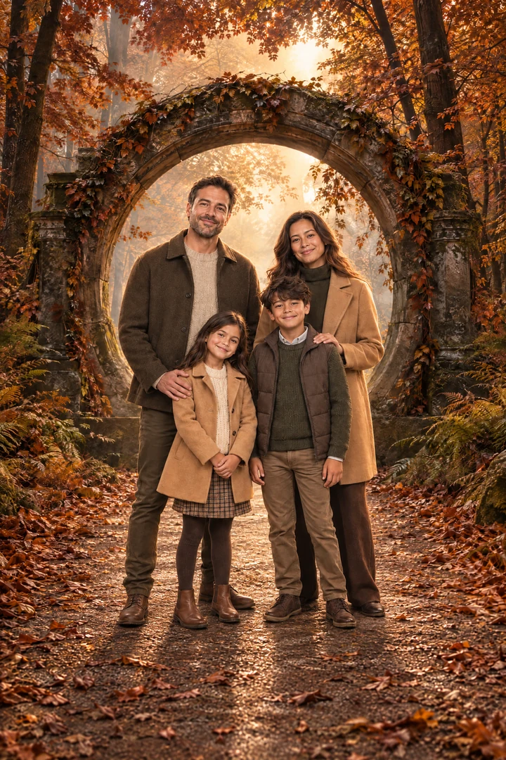 Family in an autumn arch surrounded by warm leaves
