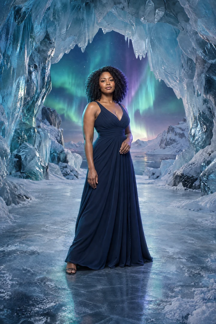 Elegant blue gown portrait in a glowing winter ice cavern