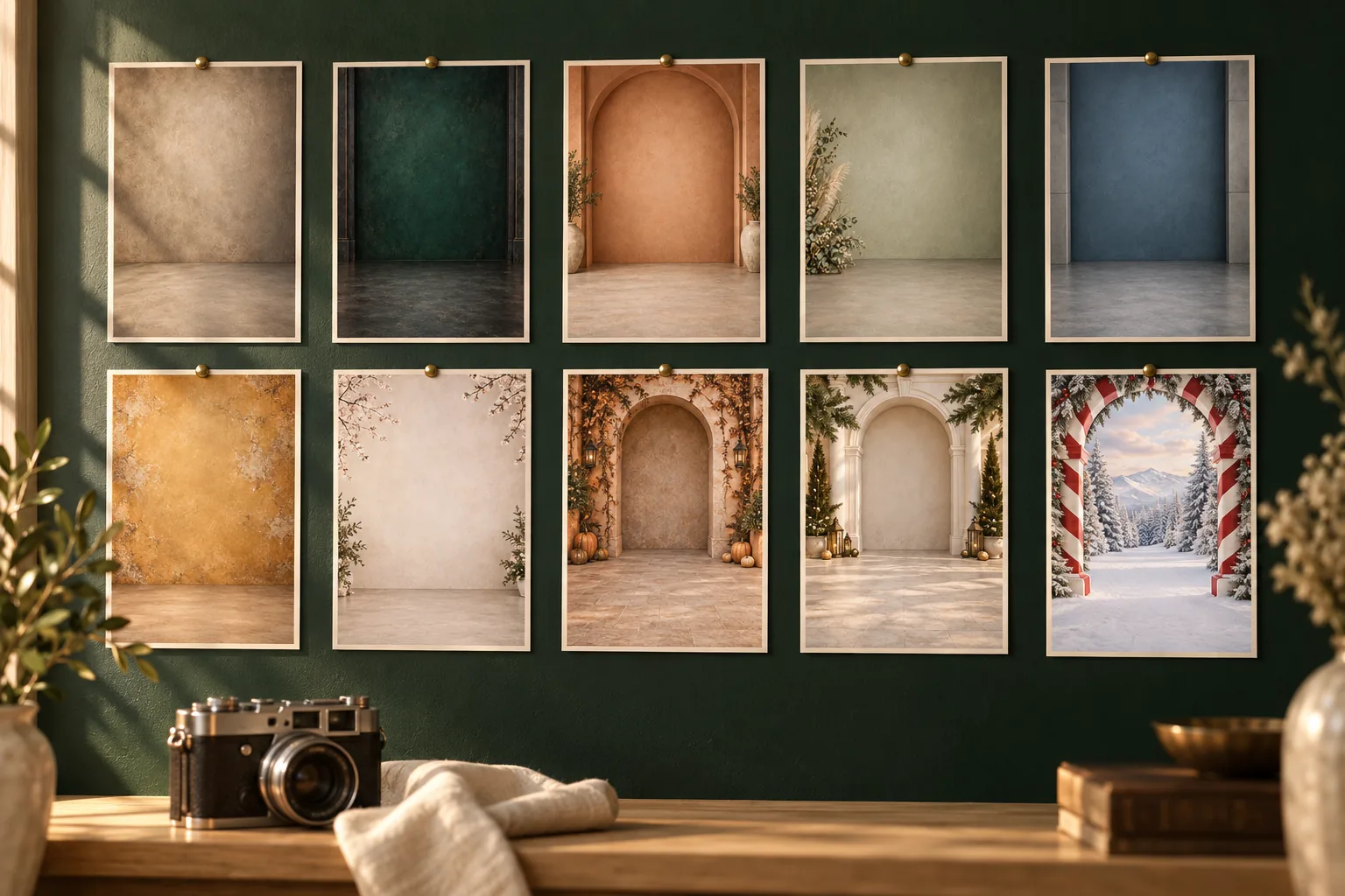 The 10 free backdrops of the Starter Pack, printed and pinned on a green studio wall