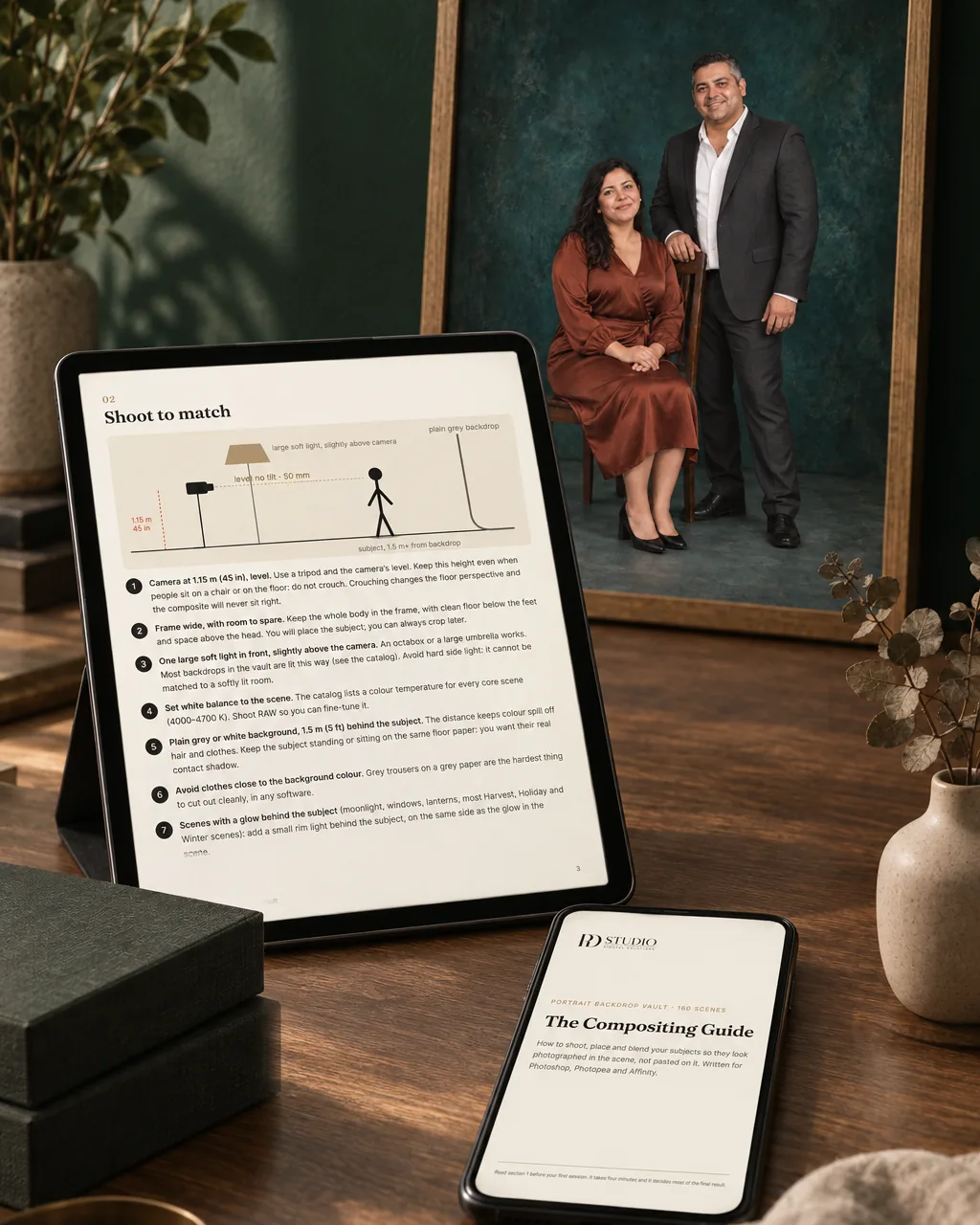 Studio portrait with English guide pages displayed on a tablet and phone
